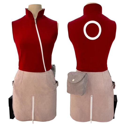 Anime Haruno Sakura Cosplay Costume – Top, Skirt, Shorts & Pouch for Halloween, Thanksgiving & Christmas