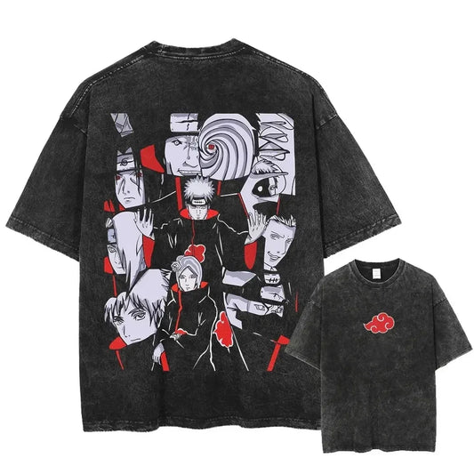 Men Washed Anime Naruto Print T-Shirt Hip Hop Streetwear