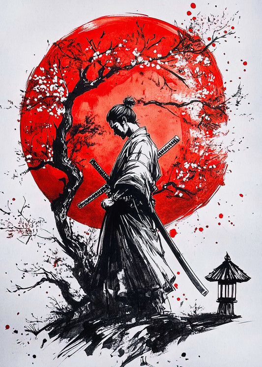 Retro Style Japanese Samurai Classic Warrior Red Sun Poster